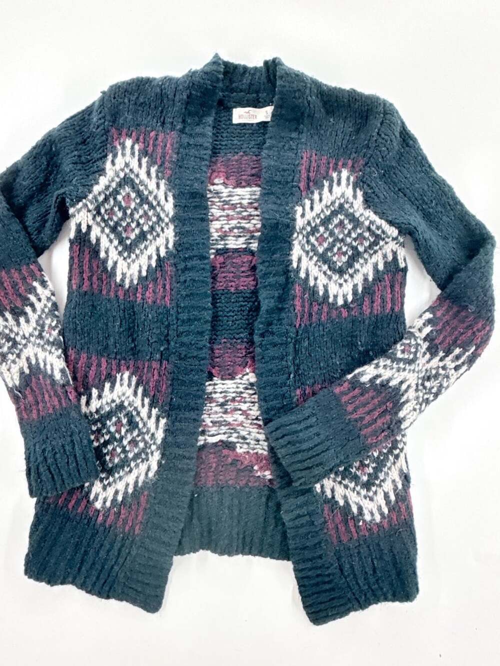 Hollister Aztec Open Front Cardigan Size S Dark Green Wool Blend